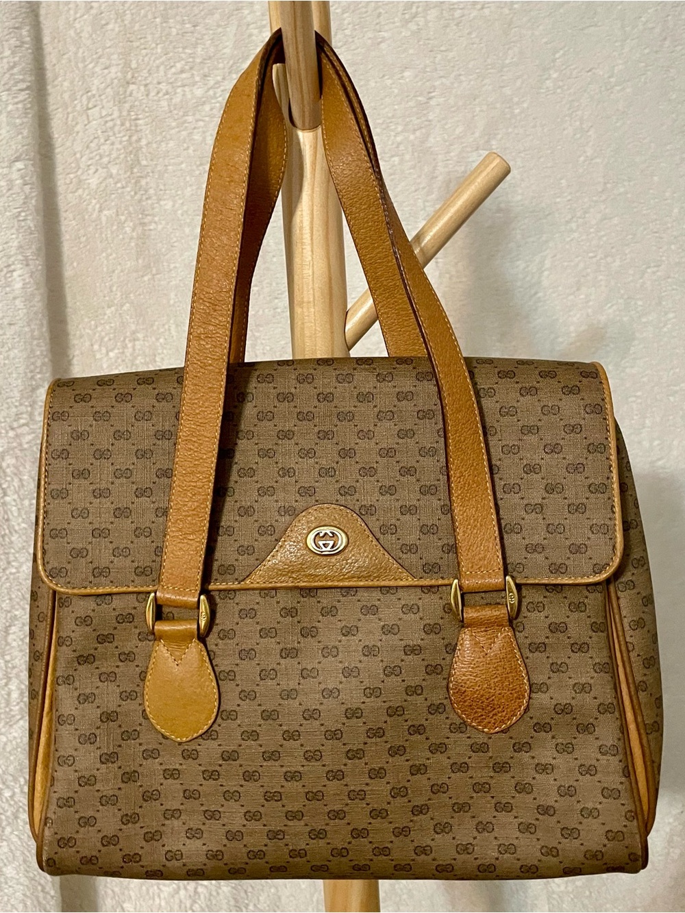 Gucci Brown Monogram Satchel with Tan Leather Trim